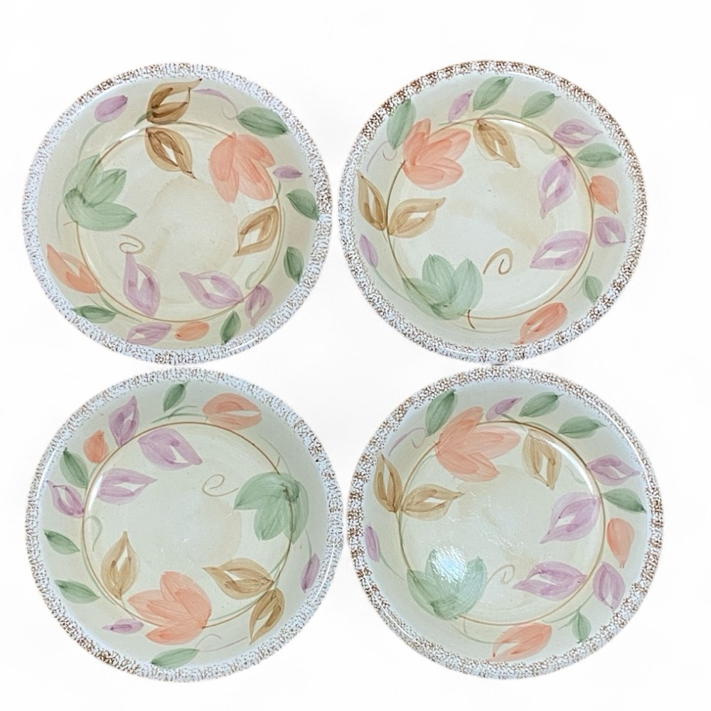 Set of 4 Gibson Designs Dinner 10.5” Plates Sponge Border Pink Orange Tan Leaves